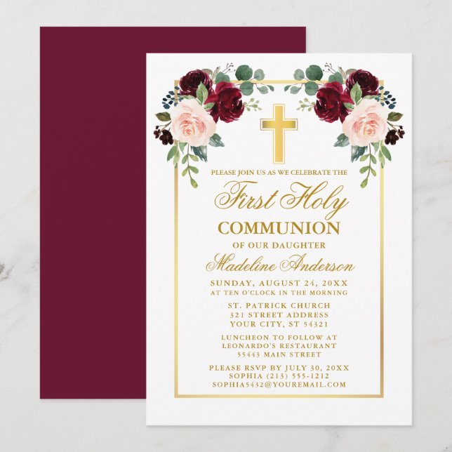 Watercolor Ro Guld Burgundy First Communion Inbjudningar (Fram/baksida)