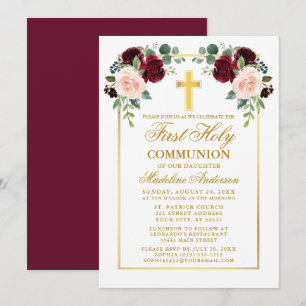 Watercolor Ro Guld Burgundy First Communion Inbjudningar