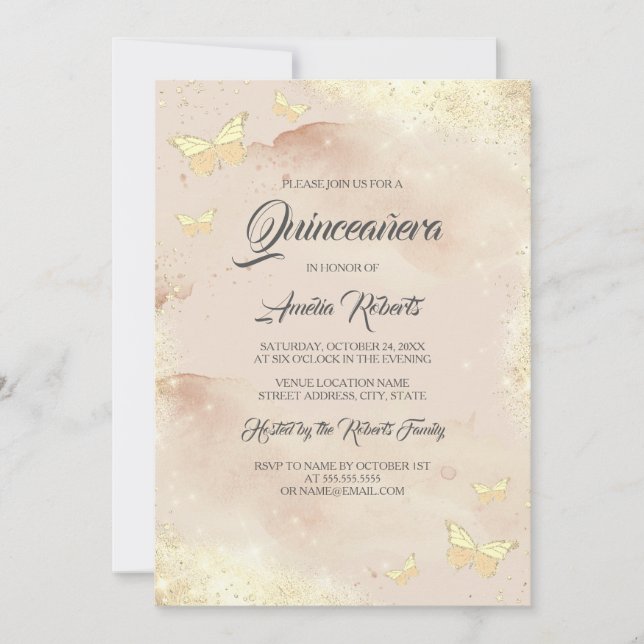 Watercolor Ro Guld Butterfly Dress Quinceanera Inbjudningar (Framsida)