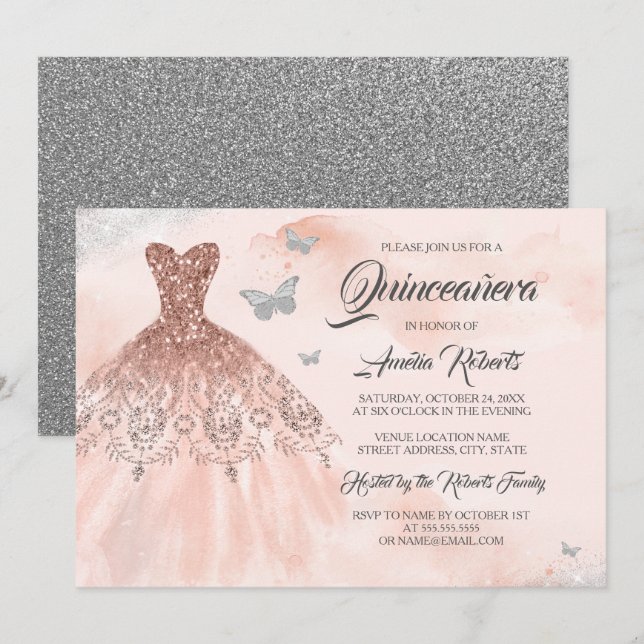 Watercolor Ro Guld Gnistra Dress Quinceanera Inbjudningar (Fram/baksida)