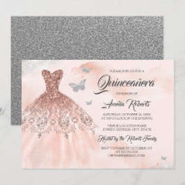 Watercolor Ro Guld Gnistra Dress Quinceanera Inbjudningar