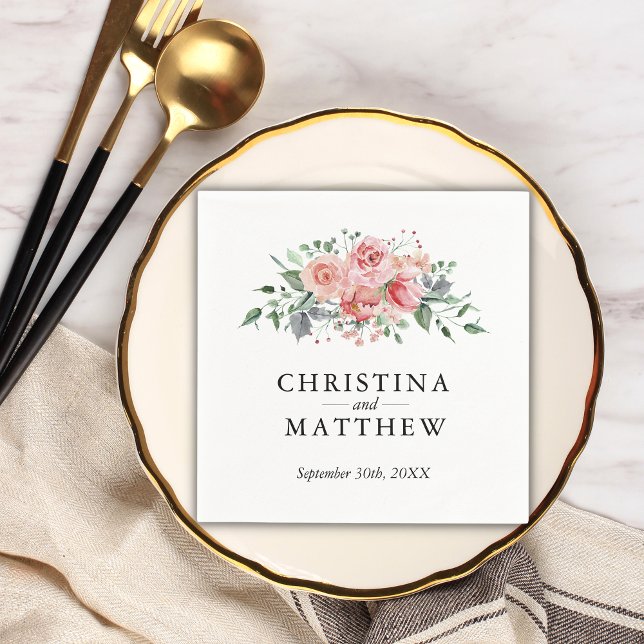 Watercolor Ro Rosa Blommigt Bröllop Pappersservett (Skapare uppladdad)
