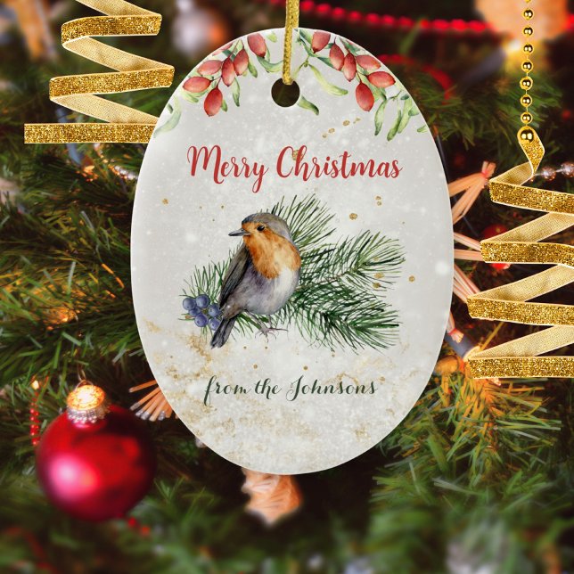Watercolor Robin Bird Photo Christmas Keepsake Julgransprydnad Keramik (Watercolor Robin Bird Photo Christmas Keepsake Ceramic Ornament ©Susanne Sachers - Sunny Mind 🌞)