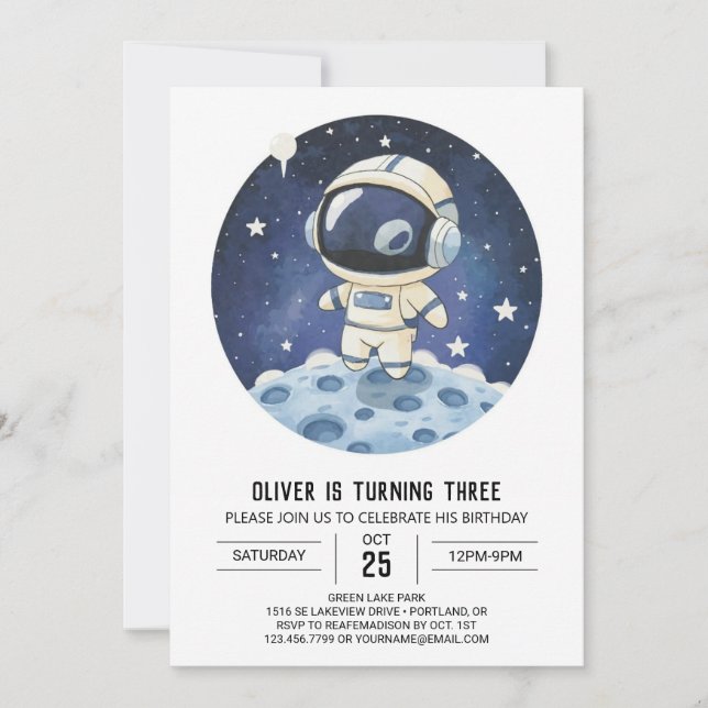 Watercolor Rocket Modern Astronaut Boy Birthday Inbjudningar (Framsida)