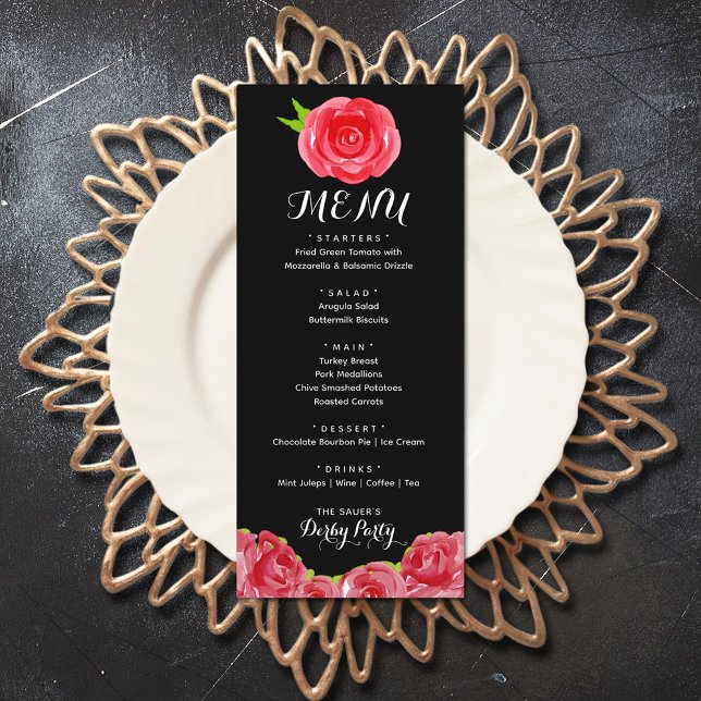 Watercolor Röd ros Derby Party Meny (Watercolor Red Roses Derby Party Menus)