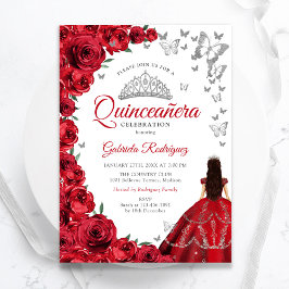 Watercolor Röd ros Silver Quinceanera Inbjudningar