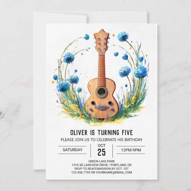 Watercolor Roligt Guitar Boy Birthday Inbjudningar (Framsida)