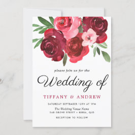 Watercolor Romantic Röd ros bröllopsinbjudan Inbjudningar