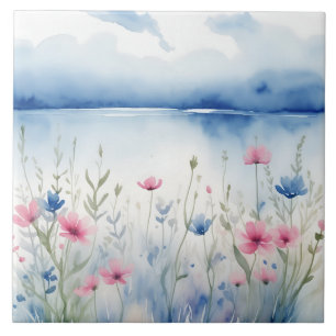 Watercolor Rosa and Blue Vild Flowers Wildblomma Kakelplatta