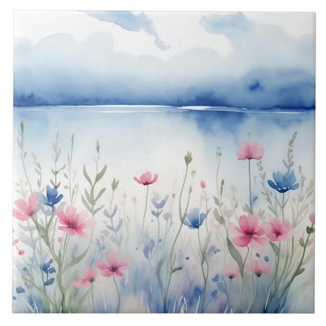 Watercolor Rosa and Blue Vild Flowers Wildblomma Kakelplatta (Framsidan)