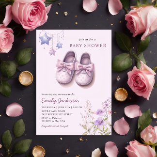Watercolor Rosa Baby Shoes blommigt Girl Baby Show Inbjudningar