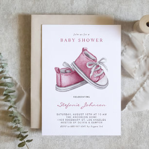 Watercolor Rosa Baby Shoes Det är en flicka Baby S Inbjudningar