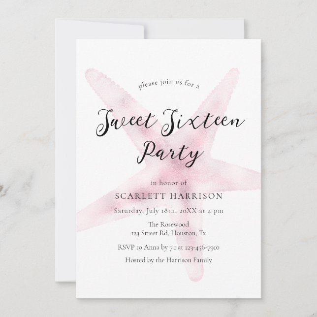 Watercolor Rosa Beach Sweet sixteen Party Inbjudningar (Framsida)