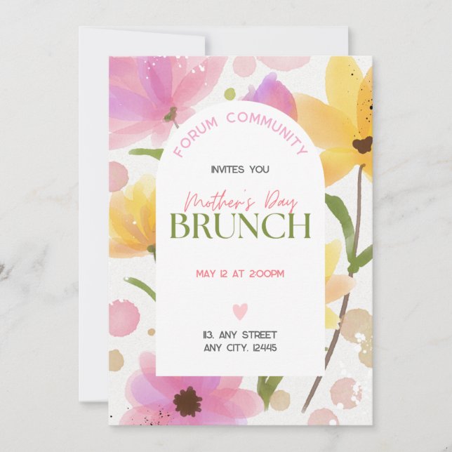 Watercolor rosa blommigt Arched community Brunch Inbjudningar (Framsida)