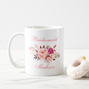 Watercolor Rosa Blommigt Bridesmaid Namn Kaffemugg