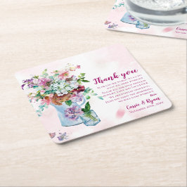Watercolor Rosa Blommigt Bröllop Tack för meddelan Underlägg Papper Kvadrat
