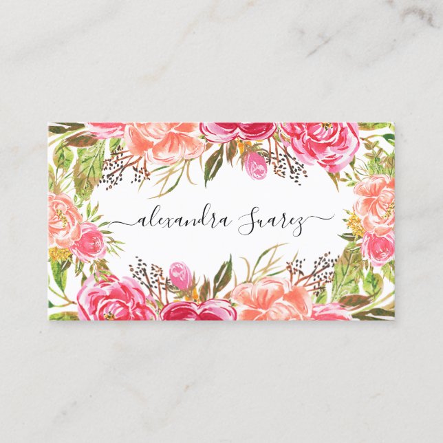 Watercolor Rosa Blommigt Elegant Black Rand Chic Visitkort (Framsida)