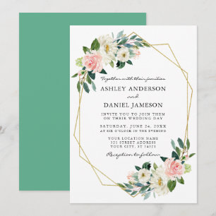 Watercolor Rosa Blommigt Elegant Guld Ram Neo Mint Inbjudningar
