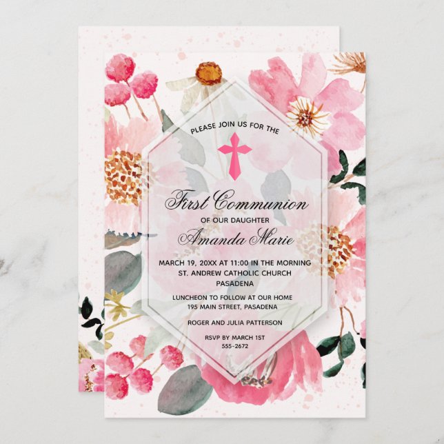 Watercolor Rosa Blommigt First Communion Inbjudningar (Fram/baksida)