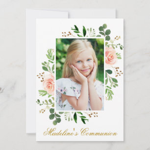 Watercolor Rosa Blommigt Greenery Photo Communion Inbjudningar