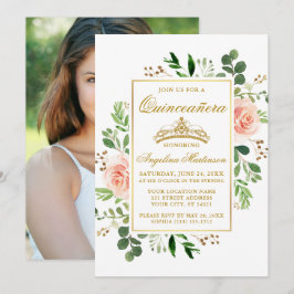 Watercolor Rosa Blommigt Greenery Quinceanera Phot Inbjudningar