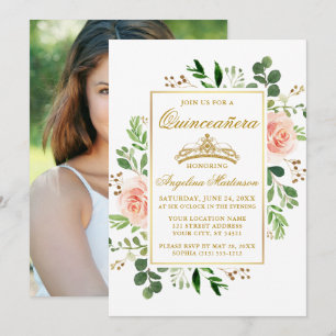 Watercolor Rosa Blommigt Greenery Quinceanera Phot Inbjudningar