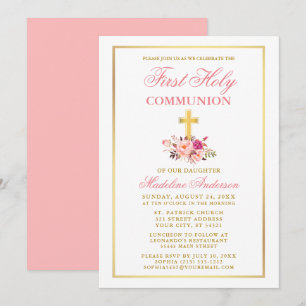 Watercolor Rosa Blommigt Guld First Communision Inbjudningar