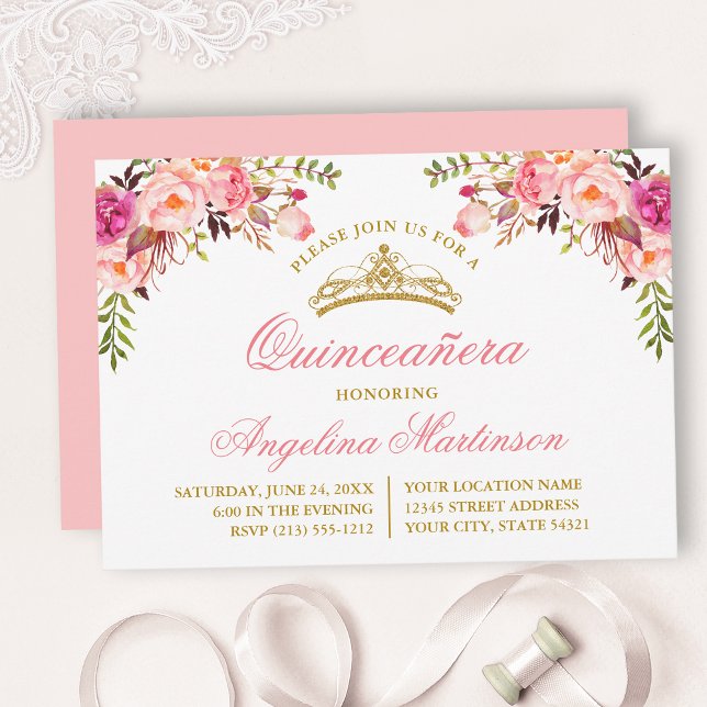 Watercolor Rosa Blommigt Quinceanera Party Inbjudningar (Customize to change text color, style, add text & photos to back or change color of back of card.)