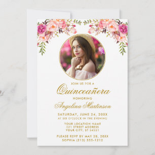 Watercolor Rosa Blommigt Round Ram Quinceanera Inbjudningar