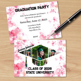 Watercolor Rosa Blommigt Studenten Photo Party Inbjudningar