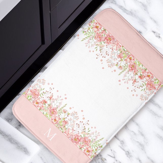 Watercolor Rosa Blommigt Wildblommor Monogram Badrumsmatta (Watercolor Pink Floral Wildflowers Monogram Bath Mat)