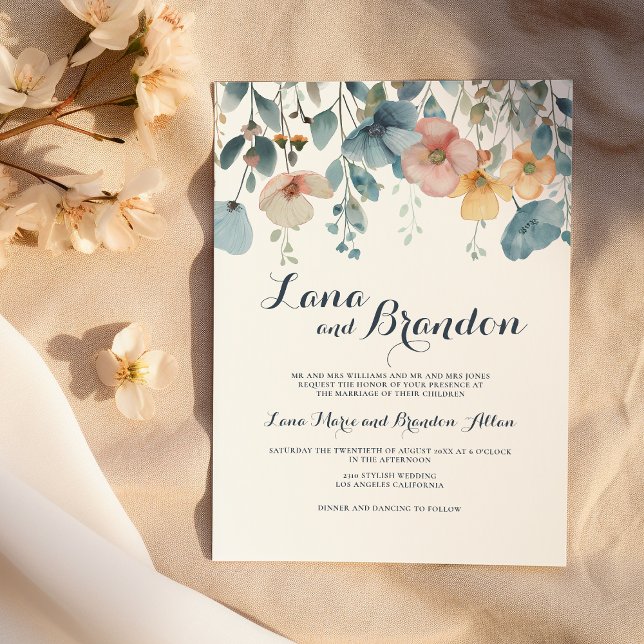 Watercolor rosa blue vår wildblommor bröllop inbjudningar (Watercolor pink blue spring wildflowers wedding)