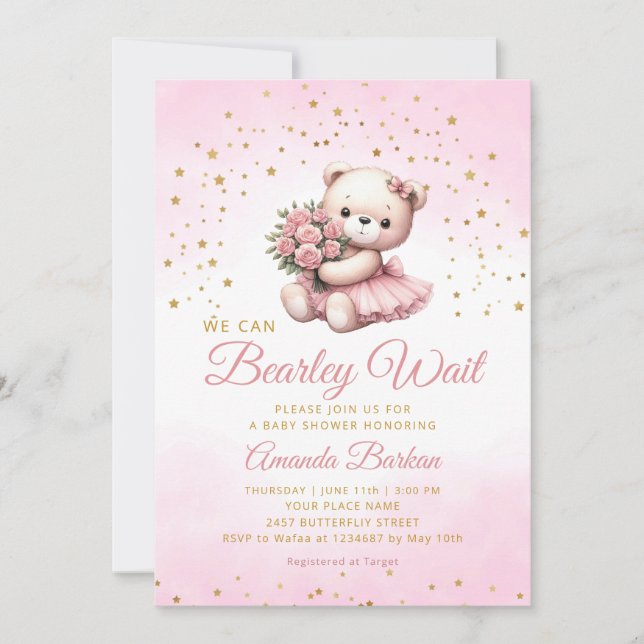 Watercolor Rosa Boho Nalle Girl Baby Shower Inbjudningar (Framsida)