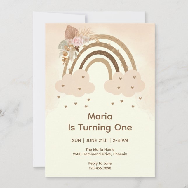 Watercolor Rosa Boho Rainbow First Birthday Inbjudningar (Framsida)