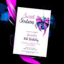 Watercolor Rosa Bow Disco Boll Sweet 16 Birthday
