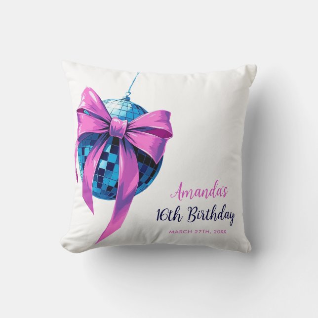 Watercolor Rosa Bow Disco Boll Sweet 16 Birthday Kudde (Framsida)