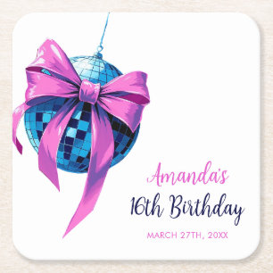 Watercolor Rosa Bow Disco Boll Sweet 16 Birthday Underlägg Papper Kvadrat
