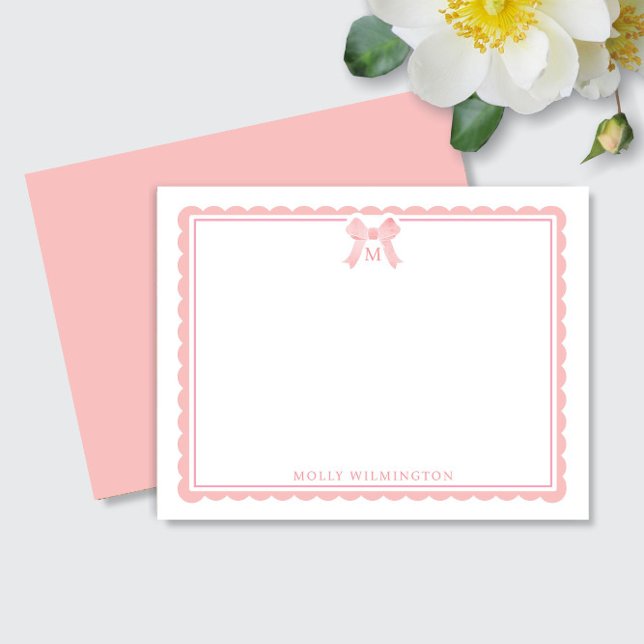 Watercolor Rosa Bow Girly Preppy Monogram Anteckningskort (Skapare uppladdad)