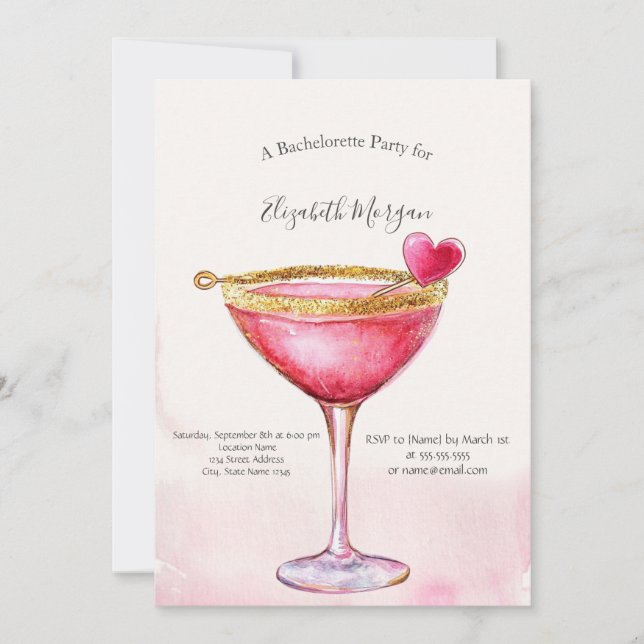 Watercolor Rosa Cocktail Heart Bachelorette Party Inbjudningar (Framsida)