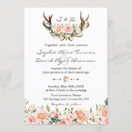 Watercolor Rosa Cream Blommigt Antlers Bröllop Inbjudningar