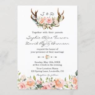 Watercolor Rosa Cream Blommigt Antlers Bröllop Inbjudningar