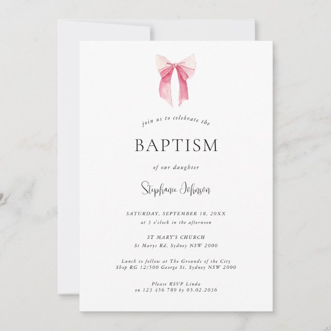 Watercolor Rosa Daety Bow Ribbon Baptism Inbjudningar (Framsida)