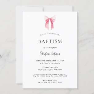 Watercolor Rosa Daety Bow Ribbon Baptism Inbjudningar