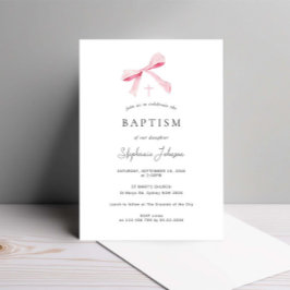 Watercolor Rosa Daety Bow Ribbon Baptism Inbjudningar