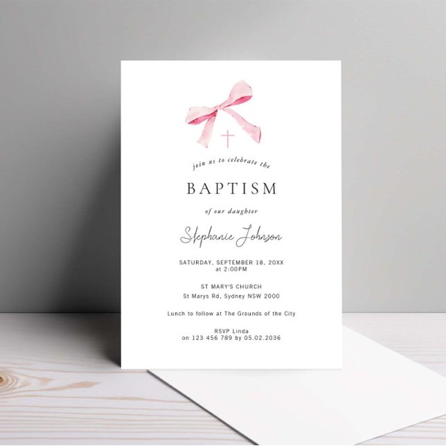 Watercolor Rosa Daety Bow Ribbon Baptism Inbjudningar (Skapare uppladdad)