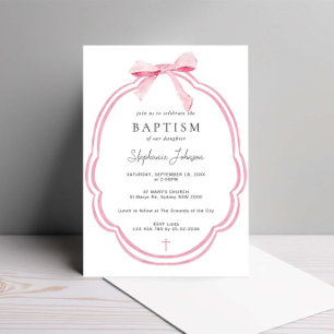 Watercolor Rosa Daety Bow Ribbon Baptism Inbjudningar