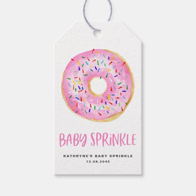 Watercolor Rosa Donut Baby Sprinkle Tack Presentetikett (Framsidan)
