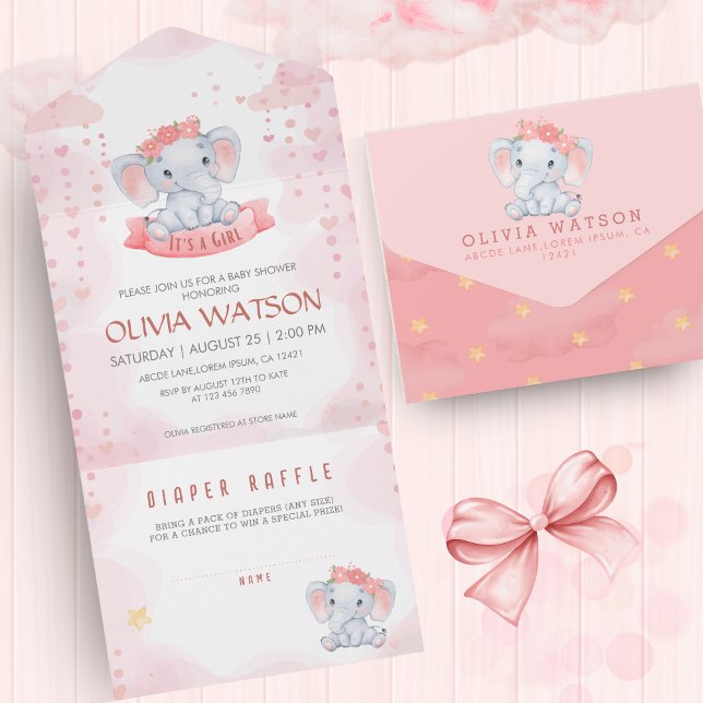Watercolor Rosa Elephant Girl Baby Shower (Skapare uppladdad)