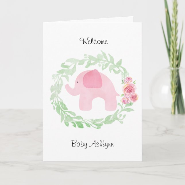 Watercolor Rosa Elephant Welcome Baby Kort (Framsida)
