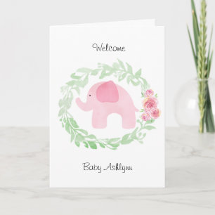 Watercolor Rosa Elephant Welcome Baby Kort